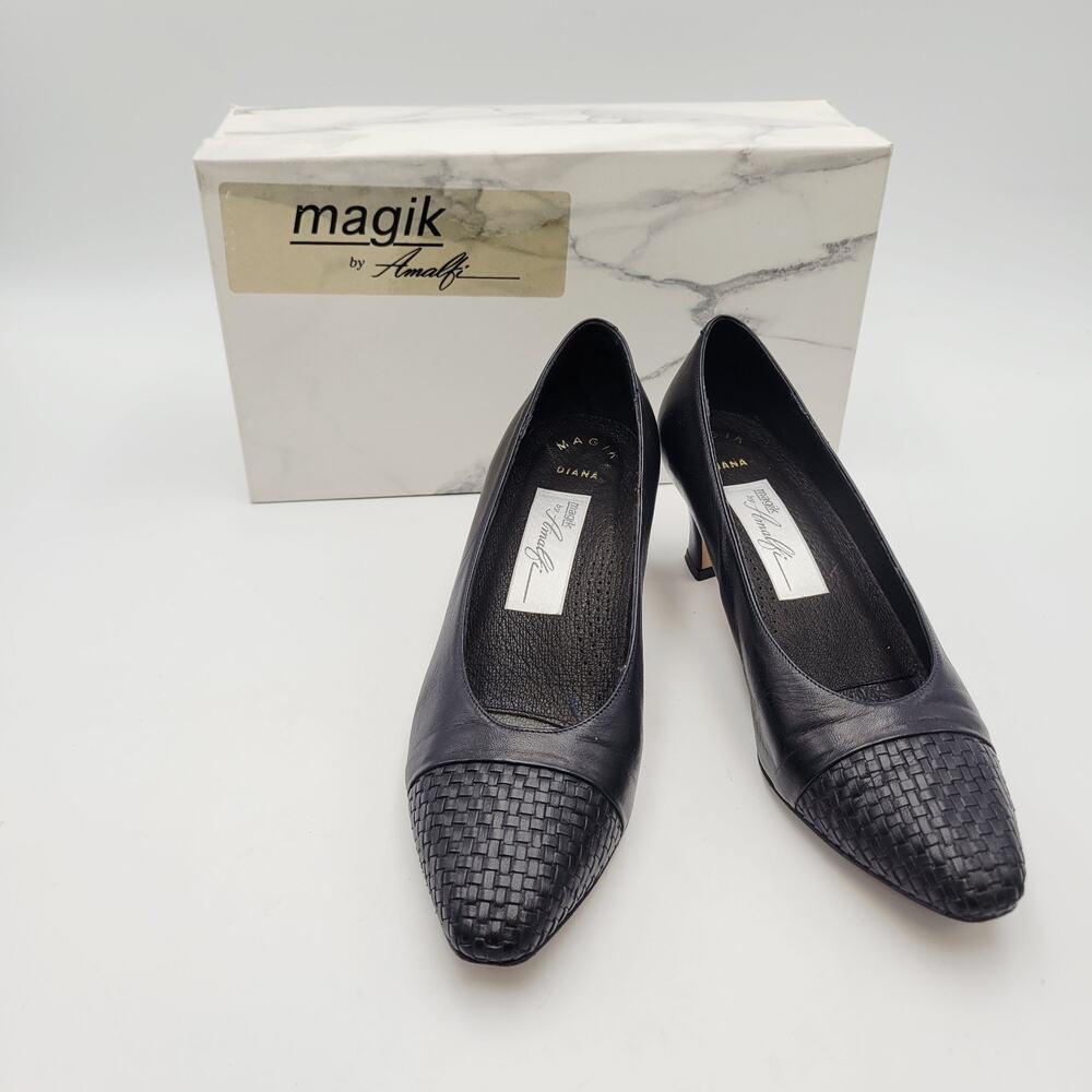 Amalfi by Rangoni Women Black Leather Pumps Heel 7 Narrow Career Woven Cap Toe - Picture 3 of 10